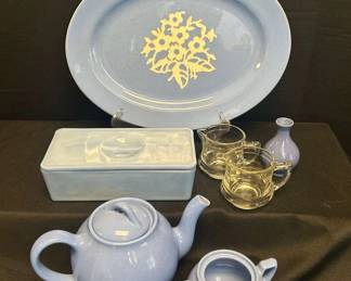 Jeanette Glass Delphite Blue Refrigerator Container With Liptons Teapot And More