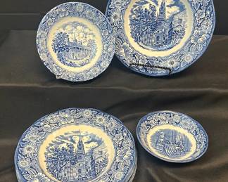 Liberty Blue Historic Colonial Scenes Set Of Five Cereal Bowls One Soup Bowl And Berry Bowl