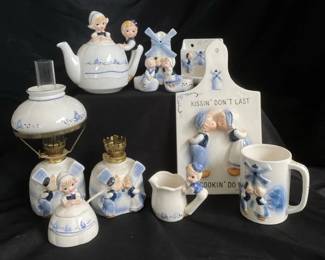 Vintage Enesco Table Set Including Small Figural Teapot With Dutch Girl Boy Oil Lamps And More