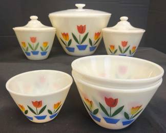 Vintage Fire King Anchor Hocking Ovenware White With Tulips Set