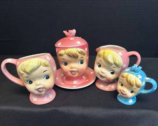 Miss Cutie Pie Pink Cream And Sugar Set With Blue Salt Or Pepper Shaker