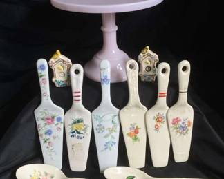 Vintage Mosser Pink Glass 9 Cake Stand Plate With Vintage Cake Knives And Salt And Pepper Shakers