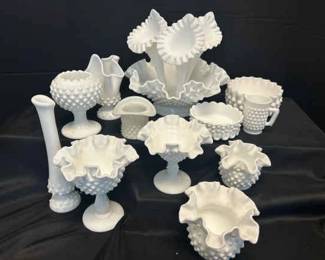 Vintage Hobnail Milk Glass Collection Feauturing Fenton Epernge 3 Horn Trumpet Vase