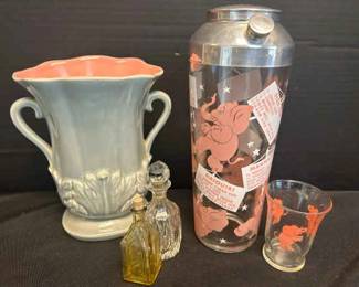 Vintage Hazel Atlas Pink Elephant Cocktail Shaker With Shot Glass And More