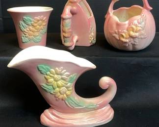 1950s Hull USA Pottery Pink With Yellow Flowers Sunglow Planters