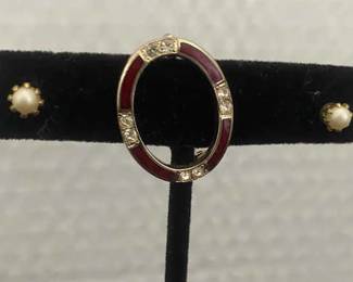 Genuine Pearl Stud Earrings With Red Broach
