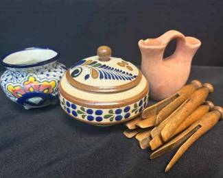 Mexico Pottery Dishes With Vintage Clothespins And Terracotta Clay Piece