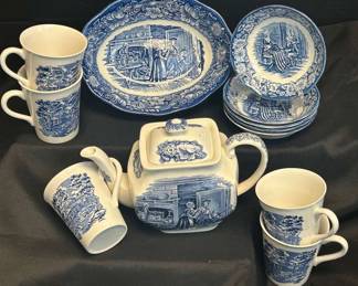 Liberty Blue Colonial Scenes Teapot Serving Bowl Five Berry Bowls And Five Mugs