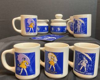 Vintage Morton Salt Coffee Mugs With Creamer And Sugar Jar