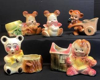 Vintage 1950s Ceramic Teddy Bear Planter And Bank With Teddy Bear And Baby Doll Planters