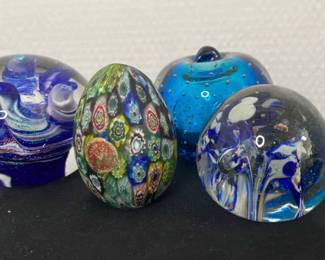 Vintage Murano Glass Egg With Three Blue Paperweights
