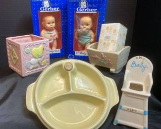 2 Vintage 1991 Gerber Babies With Baby Food Warming Dish And Lefton Ceramic