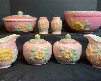 1950s Hull USA Pottery Pink With Yellow Flowers Sunglow Kitchen Collection