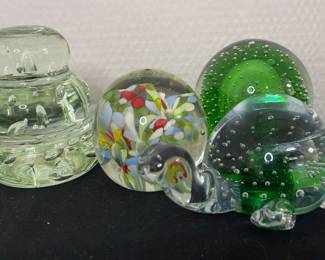 4 Glass Paperweights Including A Turtle And Floral