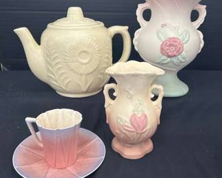 Vintage Hull Pottery Vases With Neutral Teapot And ES Mosser Teacup Saucer