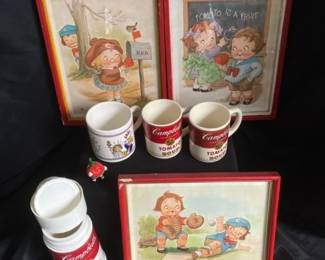 Vintage Campbell Aladdin Soup Canteen Vintage USA Mugs And Framed Tomato Is A Fruit Prints
