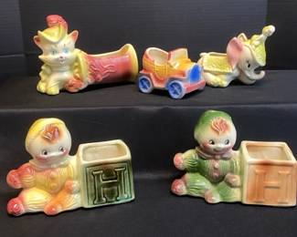 Vintage 1950s Planter Collection Hull Cat Car Baby Doll With Block