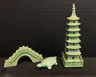 Miniature Porcelain Pagoda Pavilion With Tortoise