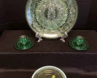 Vintage Duncan Miller Deviled Egg Tray Fenton Opalescent Vaseline Glass Candleholders