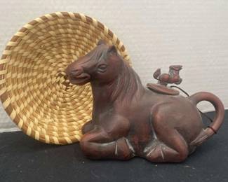 Vintage Asian Clay Horse Teapot