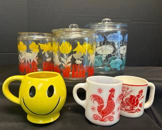 Fire King Little Bo Peep Childs Mug And Hazel Atlas Rooster Mug With Three Cookie Jars