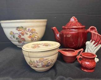 Vintage Crooksville Bakin Pantry Mixing Bowls With USA Pottery Teapot Vase