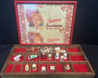 1942 Sunbeam Wheat Bread Framed Wrapping With Collection Of Thimbles And Other Trinkets