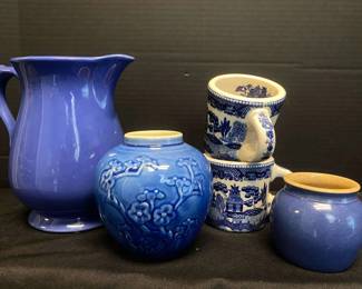 Metlox Blue Ginger Jar Vase With A Pair Of Japanese Mugs Ramekin And Shenango China Pitcher