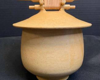 Asian Art Pottery With Bamboo Handled Lid By Jeff Morales