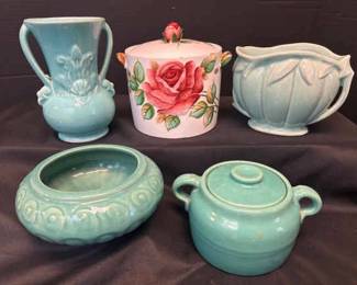 Lefton ESD Rose Painted Cookie Jar With Shawnee 2 Handle Vase Aqua Crock Planter Vase