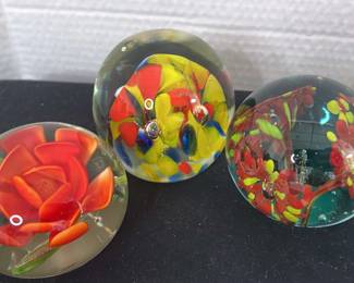 3 Glass Floral Paperweights