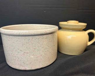 Roseville RPP Pink Green Splatter Paint Crock With Roseville RPP Crock With Handle