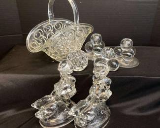 Glass Purse Bowl Bulbous Candlestick Holders And A Pair Of Sculptures