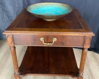 Mid Century Modern Wood Side Table With Brass Handle Decorative Bowl
