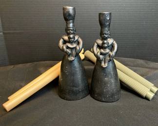 Mexican Folk Art Pottery Candleholders With Candles