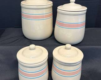 1970s McCoy Pottery Set Of Four Pink And Blue Striped Kitchen Canisters W Lids