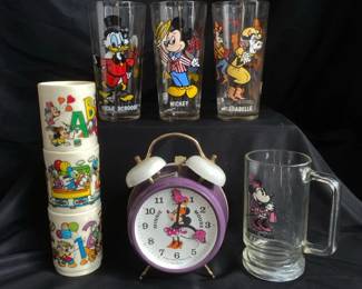 Three Disney Pepsi Collector Series Drinking Glasses And Minnie Mouse Clock And Stein