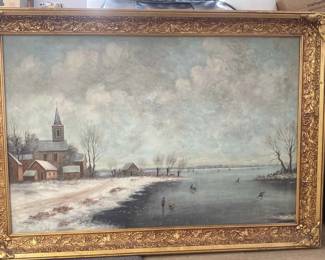 Framed 17th Century Style Dutch Landscape with Skaters on a Pond Print by J Schuiermann