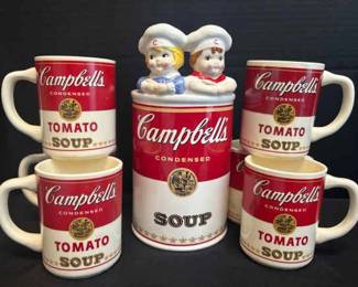Campbells Collector Kitchen Utensil Caddy With Six Vintage Campbells Soup Mugs