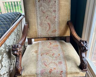 william & Mary Needlepoint Chair W/ Carved Lions Head Arms