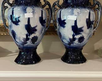 Pair of Antique Flow Blue Vases