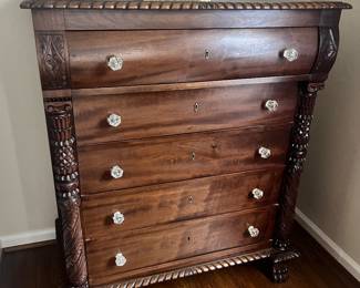 Mahogany 5 Drawer Chest, Carved Posts, Rope Edge and Feet