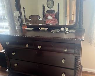 Mahogany Dresser, Carved Posts, Rope Edge and Feet