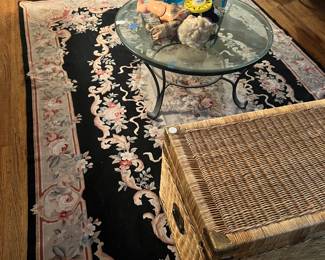 Table, Wicker Trunk, Needlepoint Rug