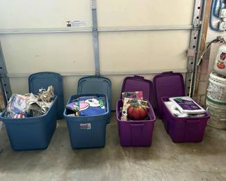 The garage is fully stocked with seasonal decorations, pool and car cleaning supplies, household cleaners, tools, rakes, and other yard equipment.
