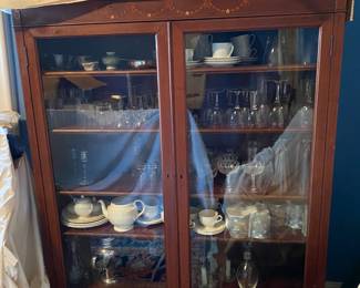 Splendid glazed double door inlaid China cabinet. String, bell flower and star inlay. Possibly Centennial.