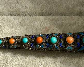 Antique coral and turquoise with enamel Chinese brooch