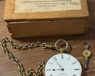 18k gold pocket watch with key, original box and gold filled watch chain