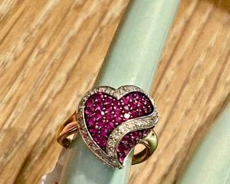 Rubies diamonds and gold heart ring