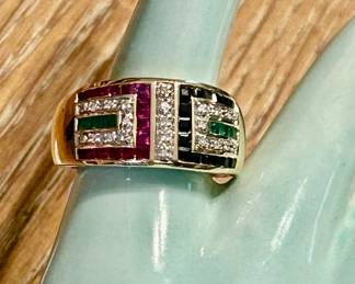 Emerald, sapphire, diamond and ruby ring